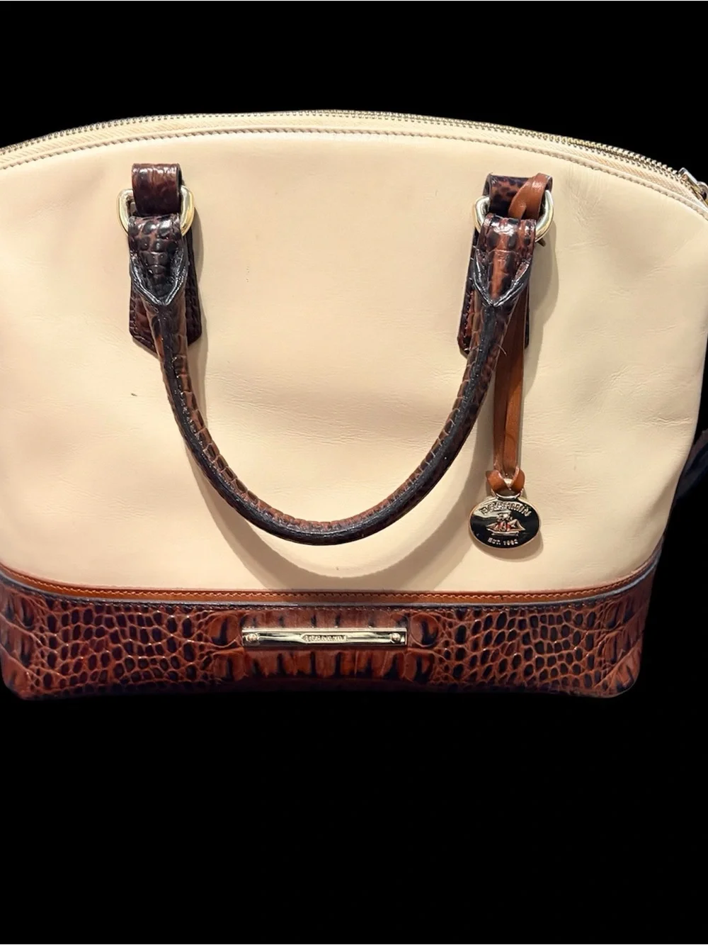 Brahmin Cream and Brown Croc-Trim Leather Satchel with Shoulder Strap